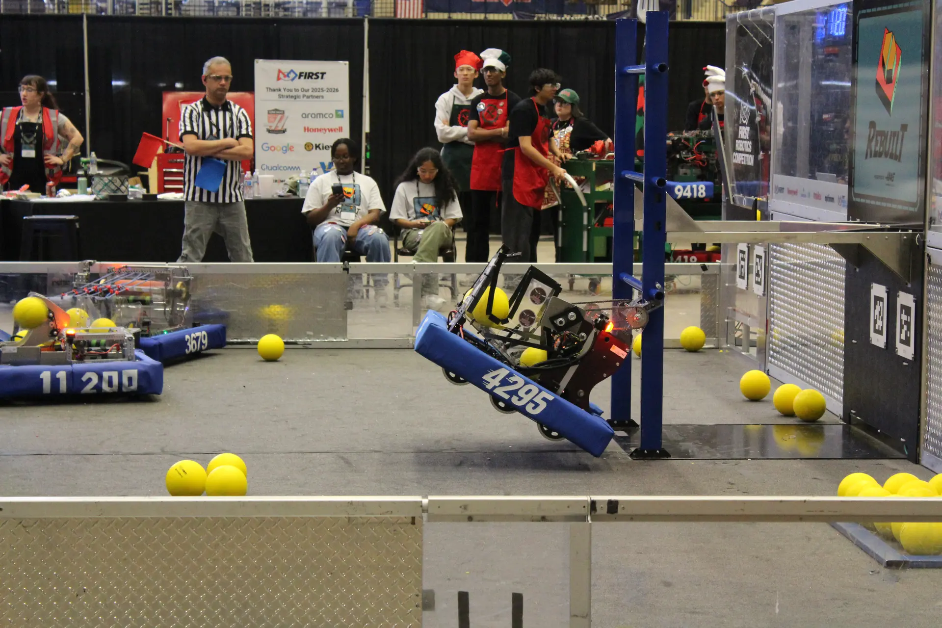 FRC Team 4295 Hudson Stingers robot climbing in Blue Alliance